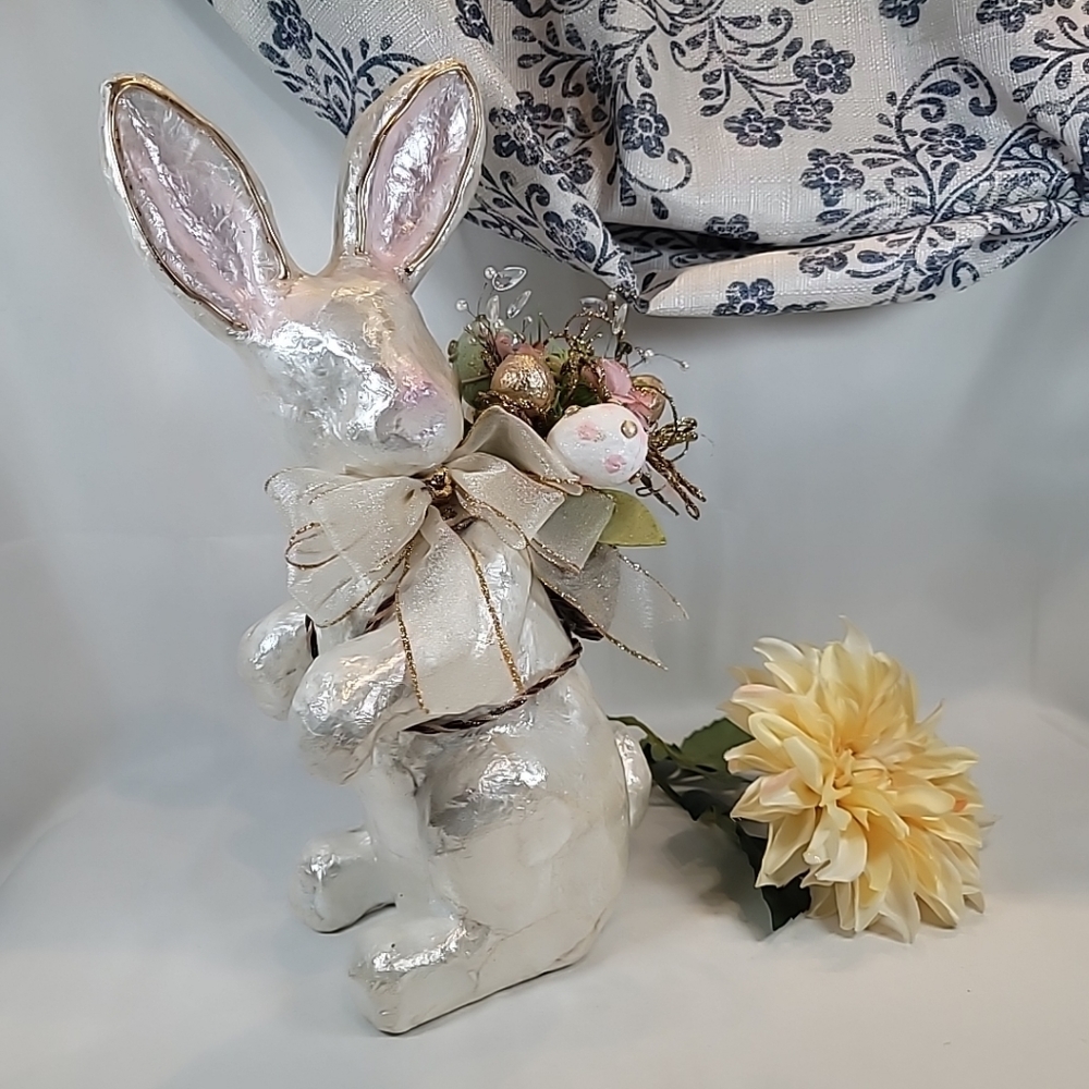 Capiz Shell Rabbit Jeweled Pink & Gold Tone Accented Flower Easter Basket